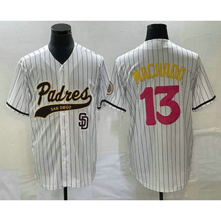 San Diego Padres #13 Manny Machado White FEDASGOGE Pinstripe 2023 City Connect Cool Base Stitched Jersey