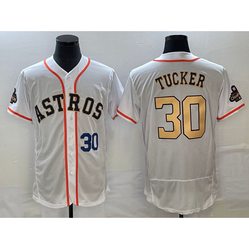 Houston Astros #30 Kyle Tucker Number 2023 White Gold FEDASGOGE World Serise Champions Patch Flex Base Stitched Jersey 3