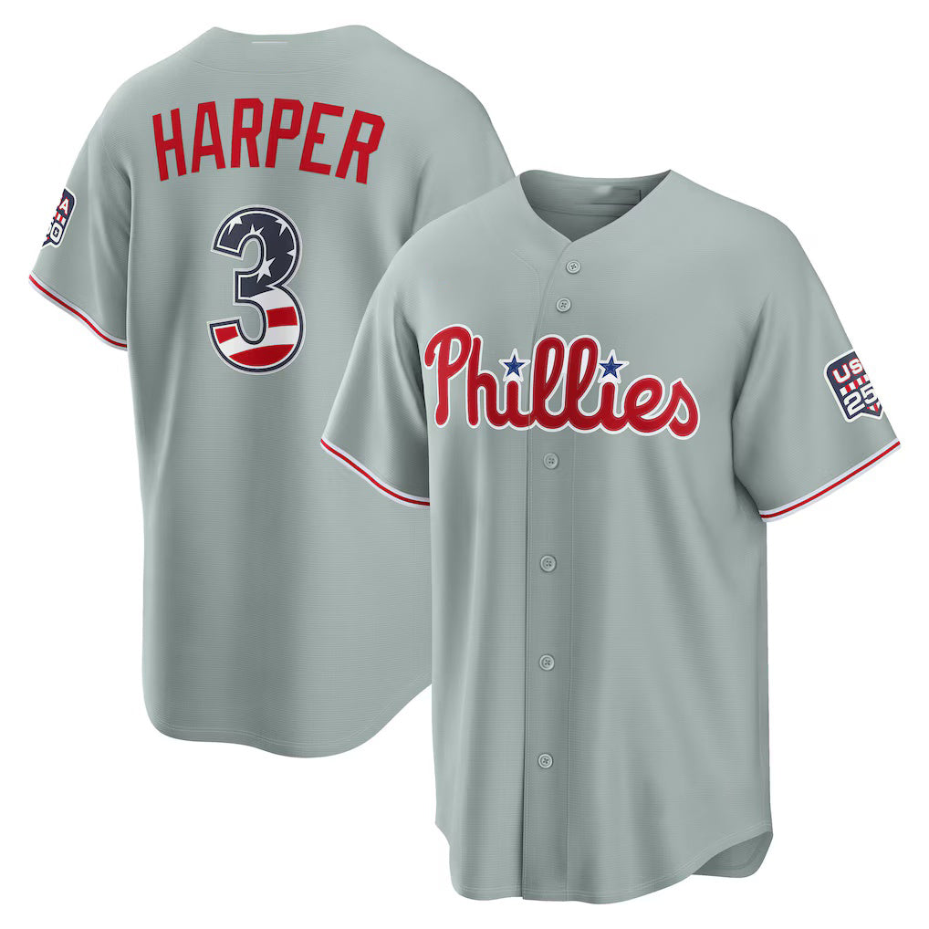 Philadelphia Phillies #3 Bryce Harper USA 250 Fourth of July Road Stadium Jersey - Gray FEDASGOGE