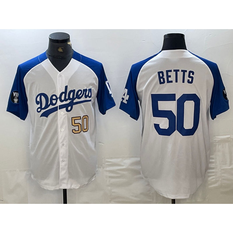 Los Angeles Dodgers #50 Mookie Betts Number White Blue FEDASGOGE Fashion Stitched Cool Base Limited Jersey 3