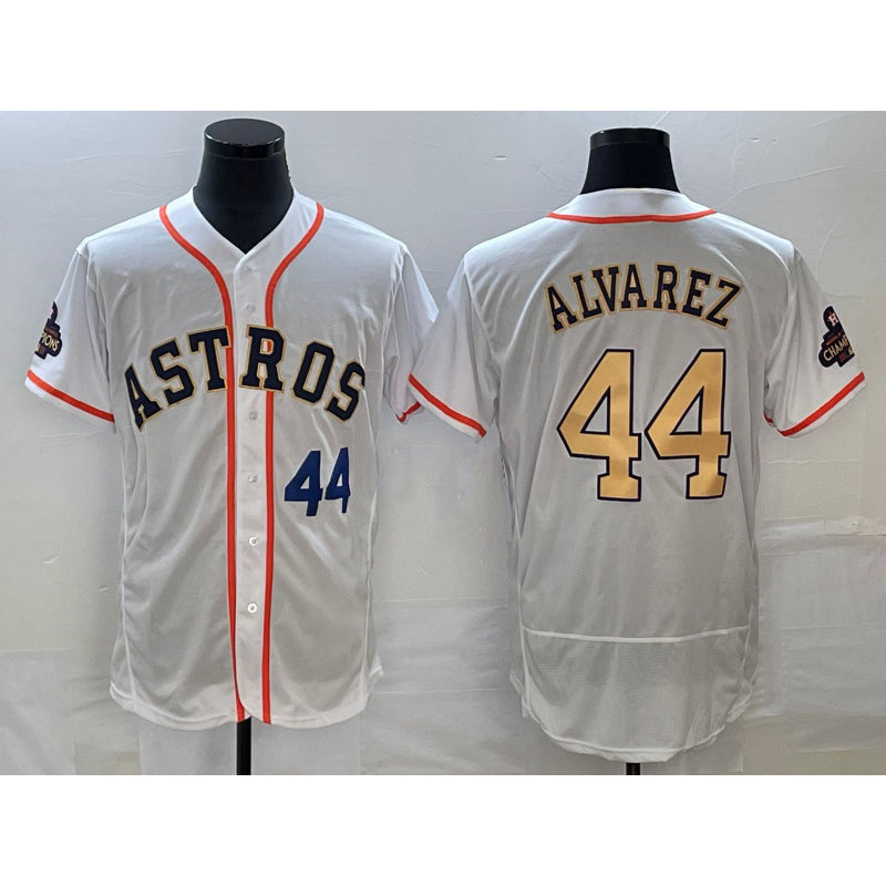 Houston Astros #44 Yordan Alvarez Number 2023 White Gold FEDASGOGE World Serise Champions Patch Flex Base Stitched Jersey 3