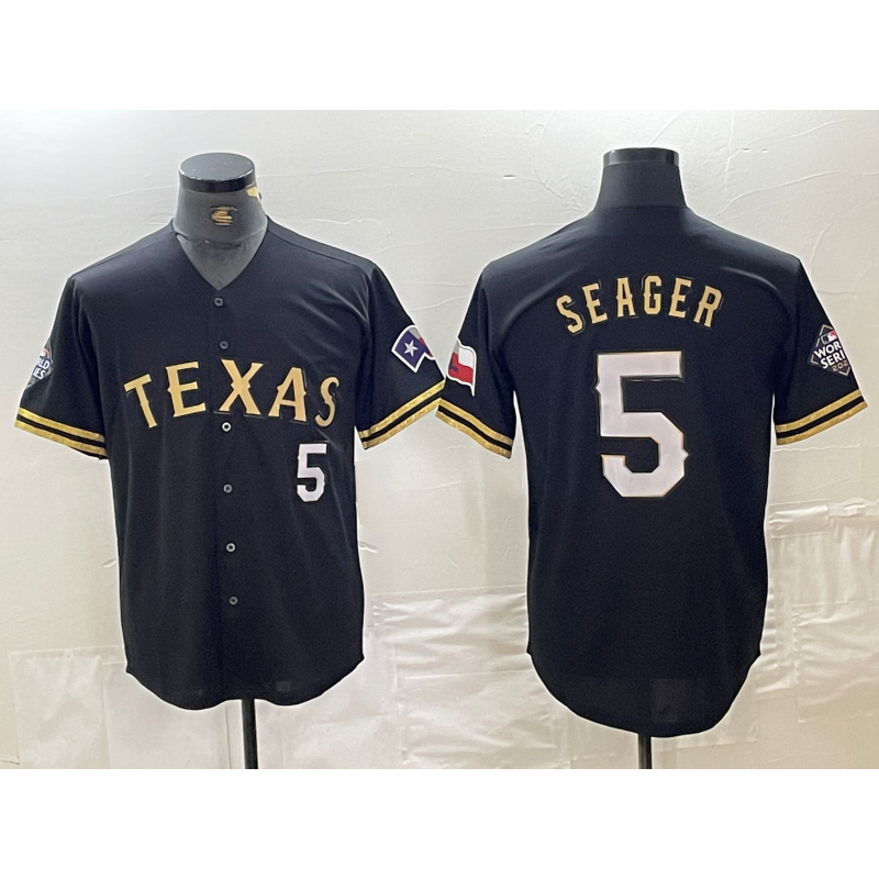 Texas Rangers #5 Corey Seager Number Black Gold FEDASGOGE Cool Base Stitched Jersey