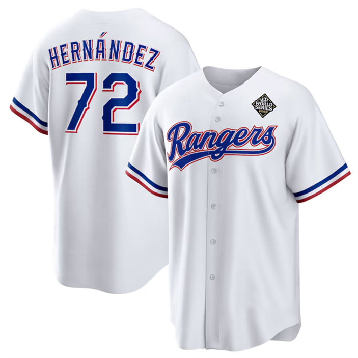 Texas Rangers #72 Jonathan Hern¨¢ndez White FEDASGOGE 2023 World Series Stitched Jersey